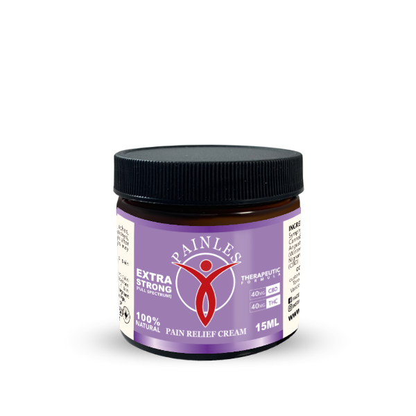 an image of pains pain relief topical cream. 15ml Bottle. Extra Strong Solution. 40mg of THC, 40mg of CBD